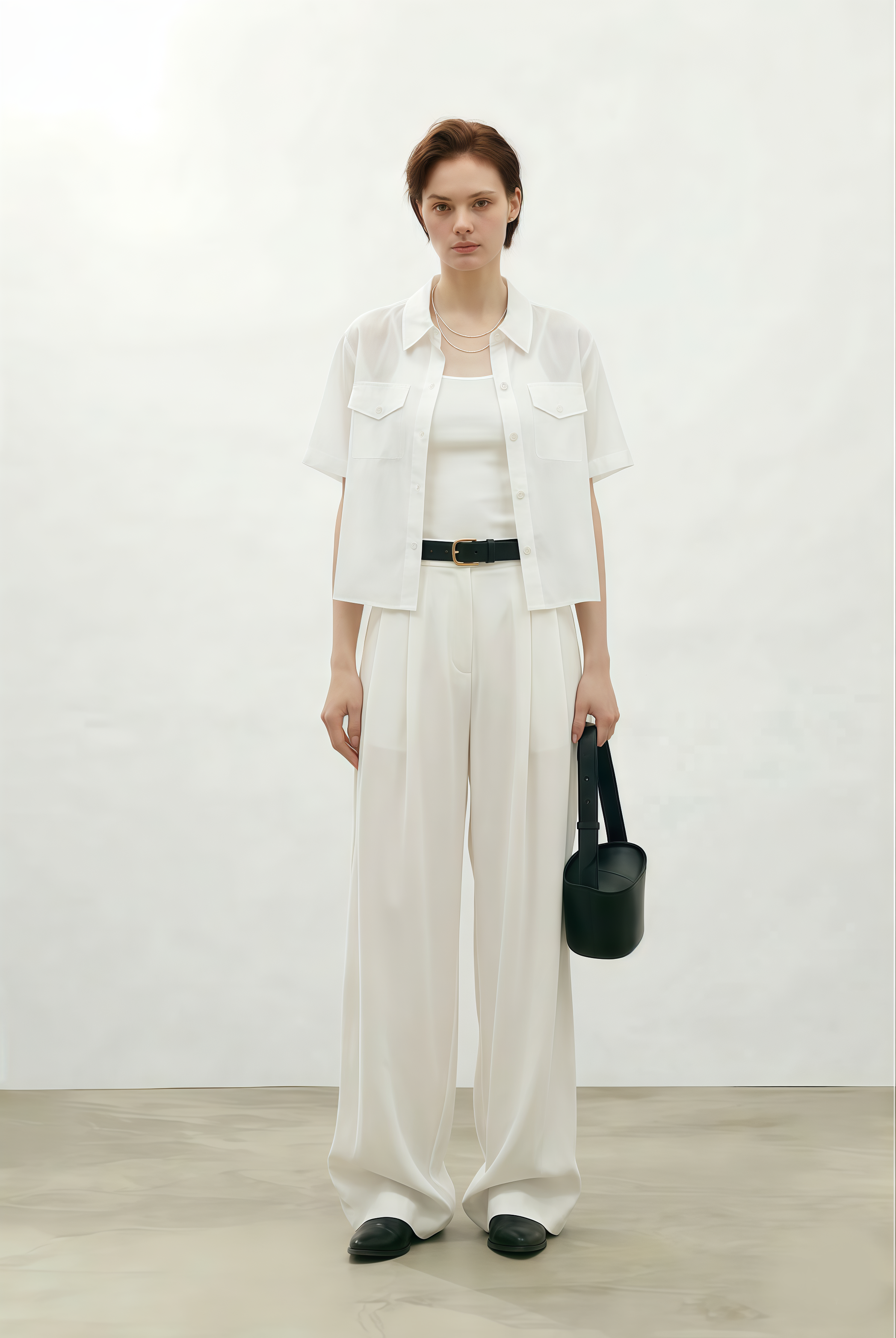 Structured Shoulder Collared Short Sleeve White Shirt