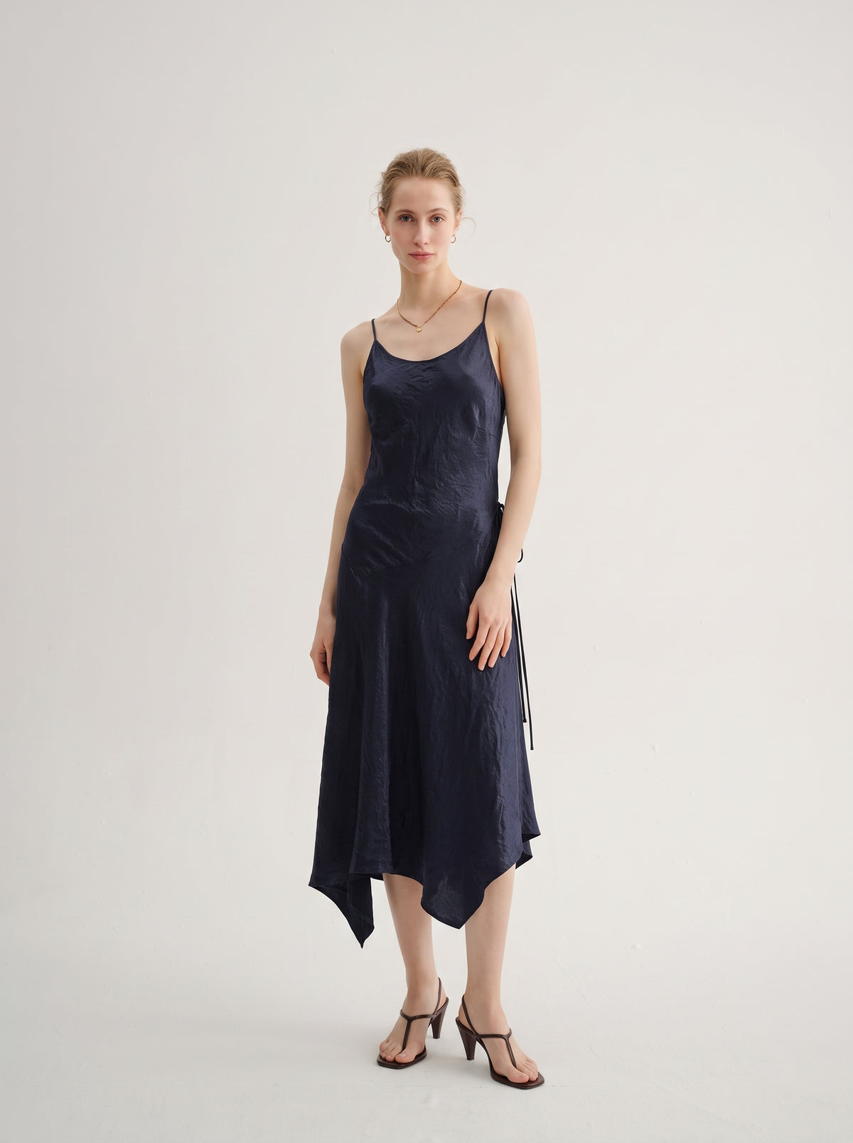 Satin Cowl-Neck Tie-Waist Maxi Dress