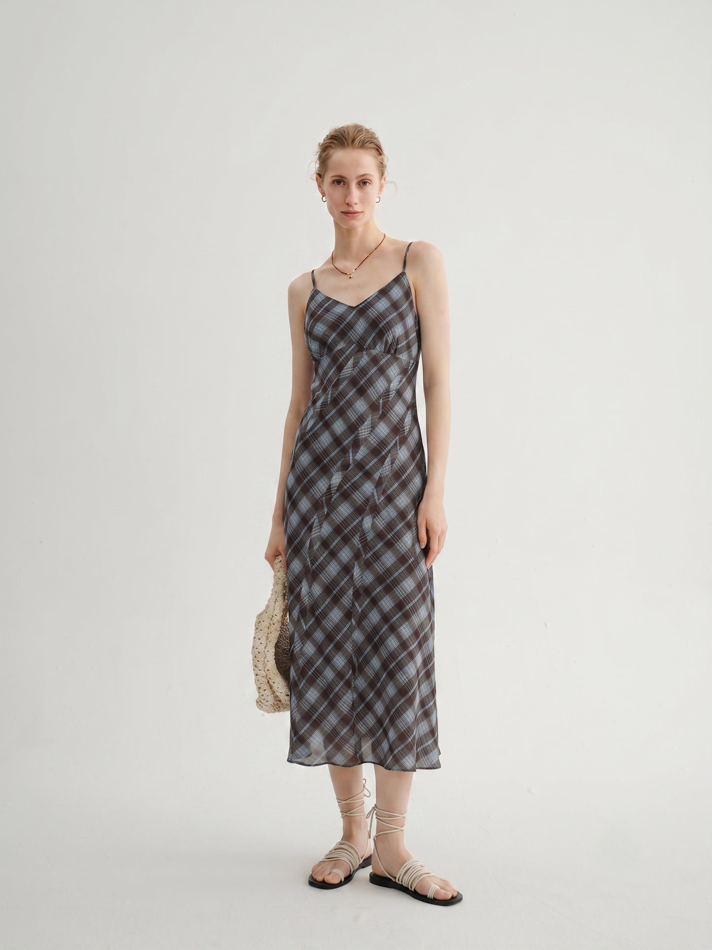 Plaid Lyocell-Linen V-Neck Slip Dress