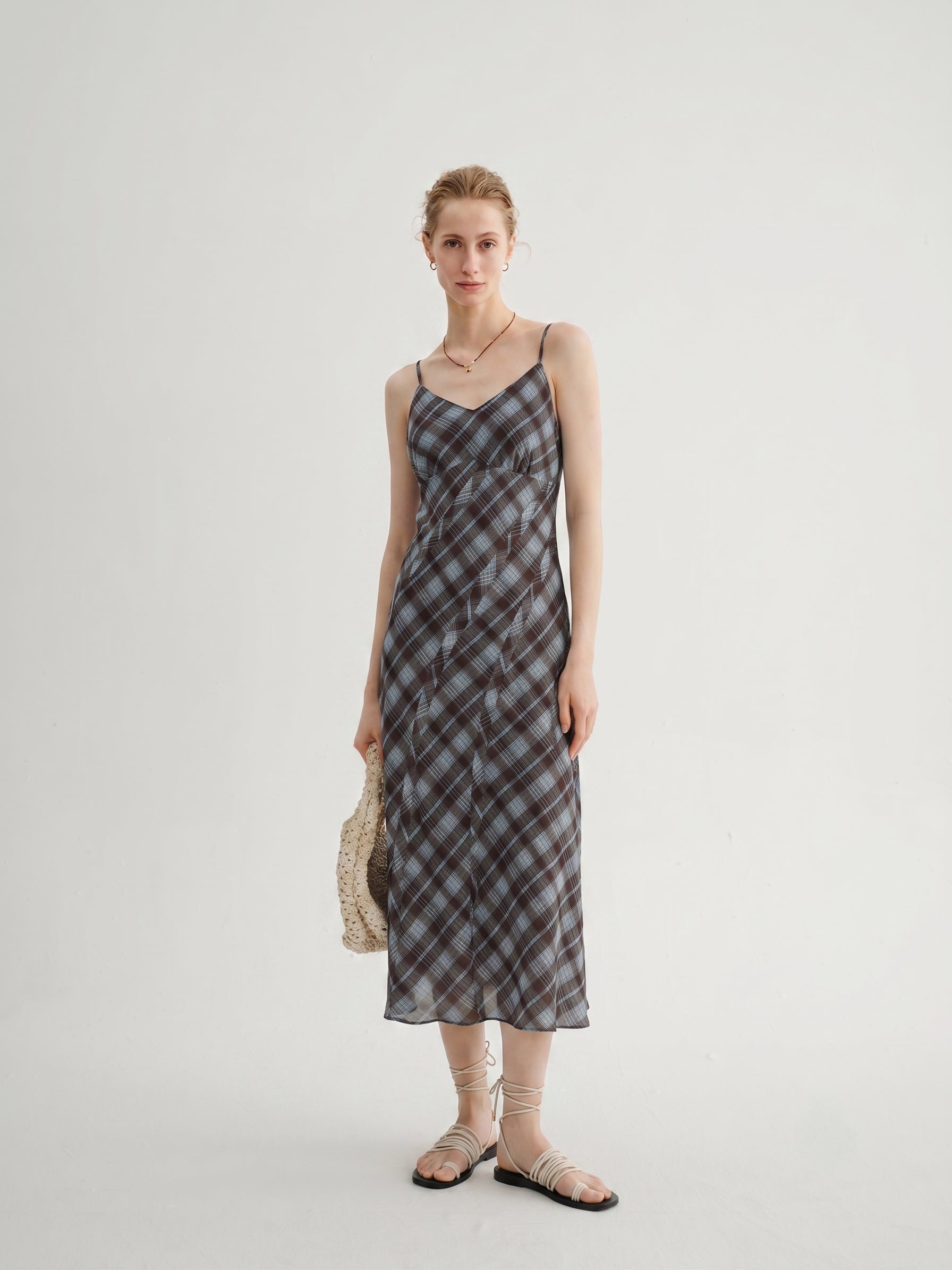 Plaid Lyocell-Linen V-Neck Slip Dress