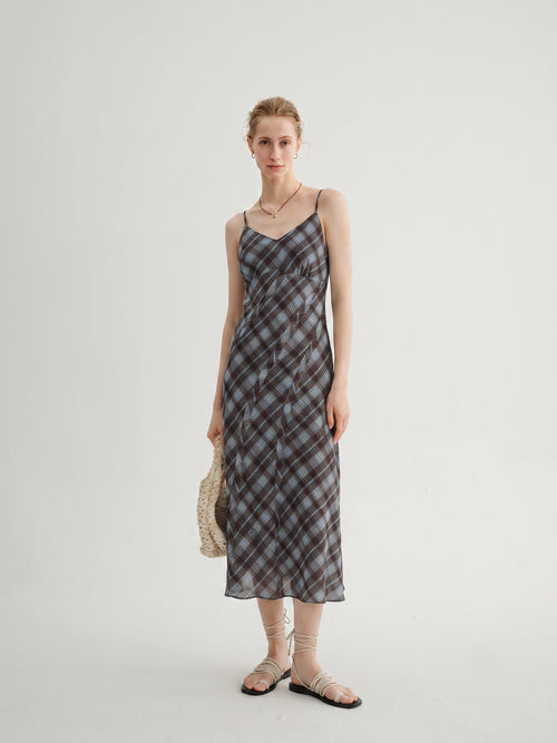 Load image 1 in gallery view. Plaid Lyocell-Linen V-Neck Slip Dress