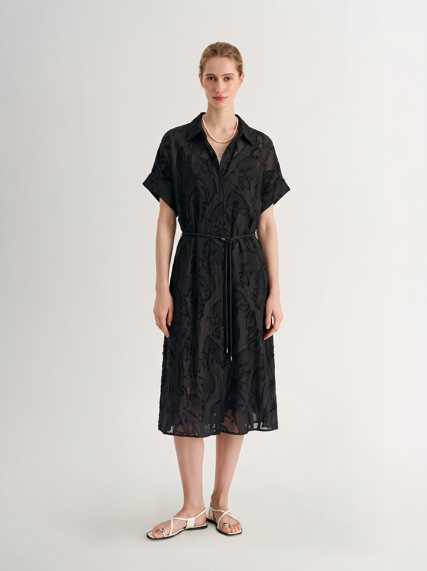 Textured Silk-Linen Belted Shirt Dress