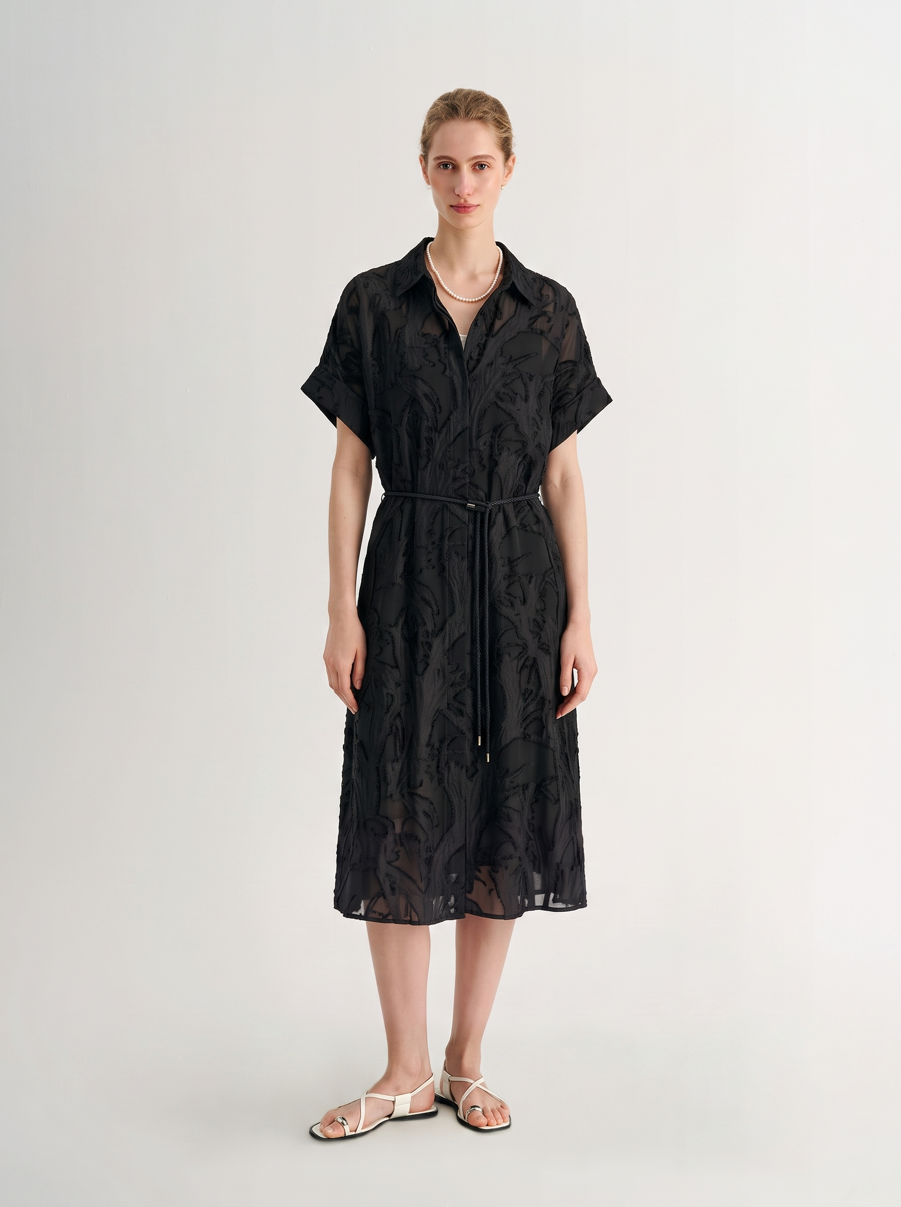 Textured Silk-Linen Belted Shirt Dress