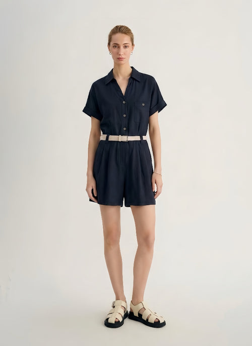 Load image 1 in gallery view. Belted V-Neck Lyocell Linen Romper