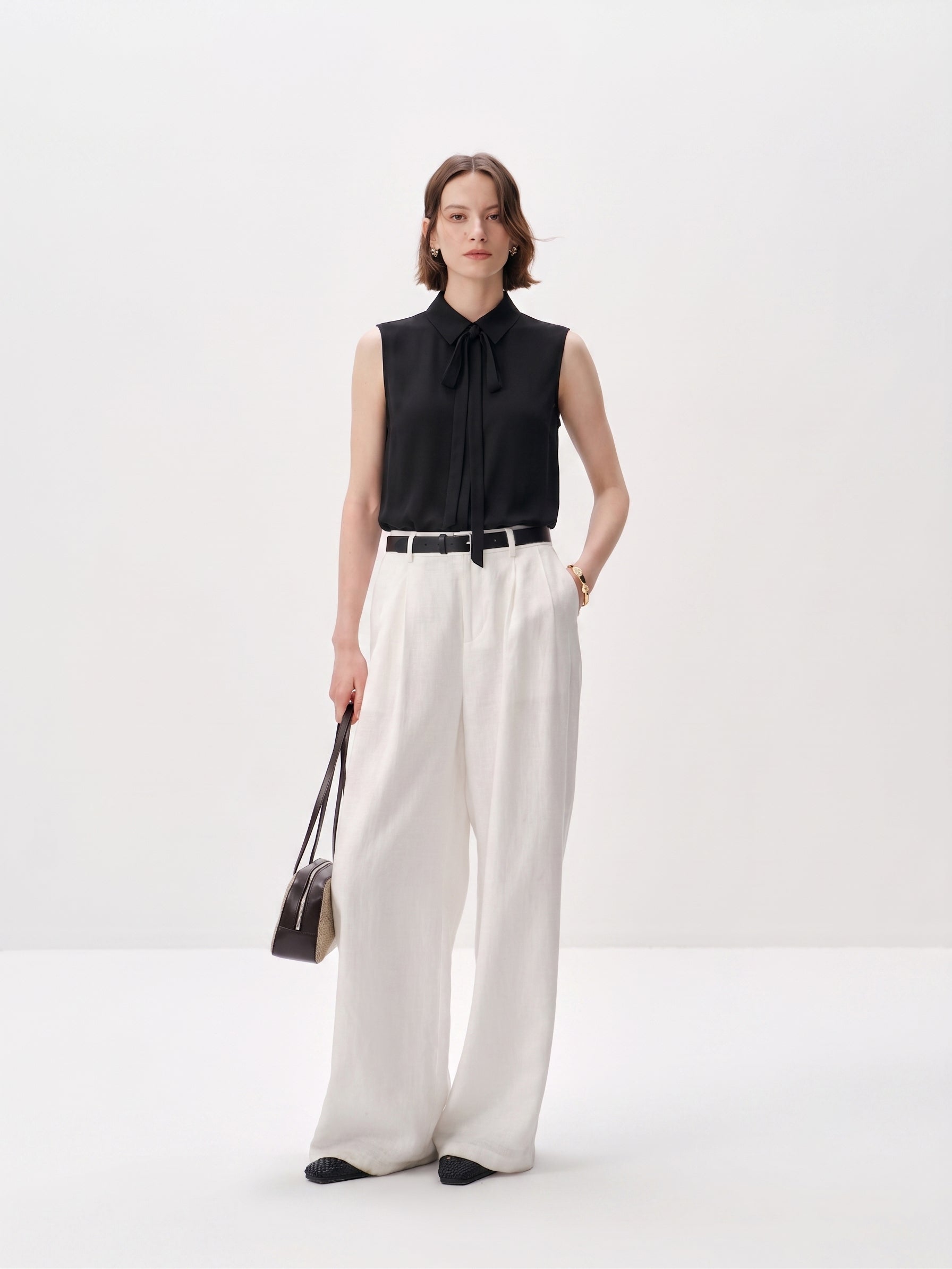 Sleeveless Pure Silk Tie-Neck Blouse