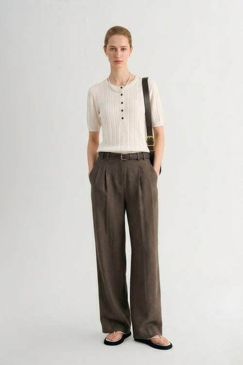 Load image 1 in gallery view. Linen Ribbed Short Sleeve Sweater