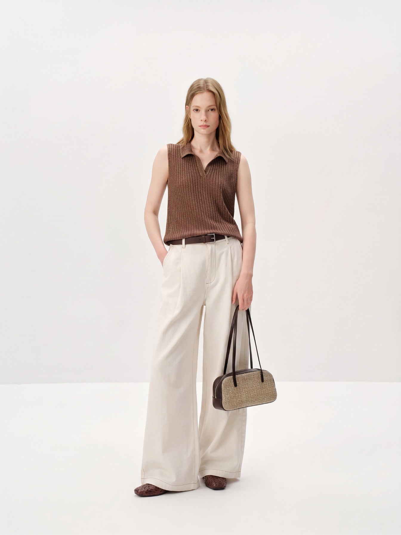 Ribbed-Knit Sleeveless Polo Top