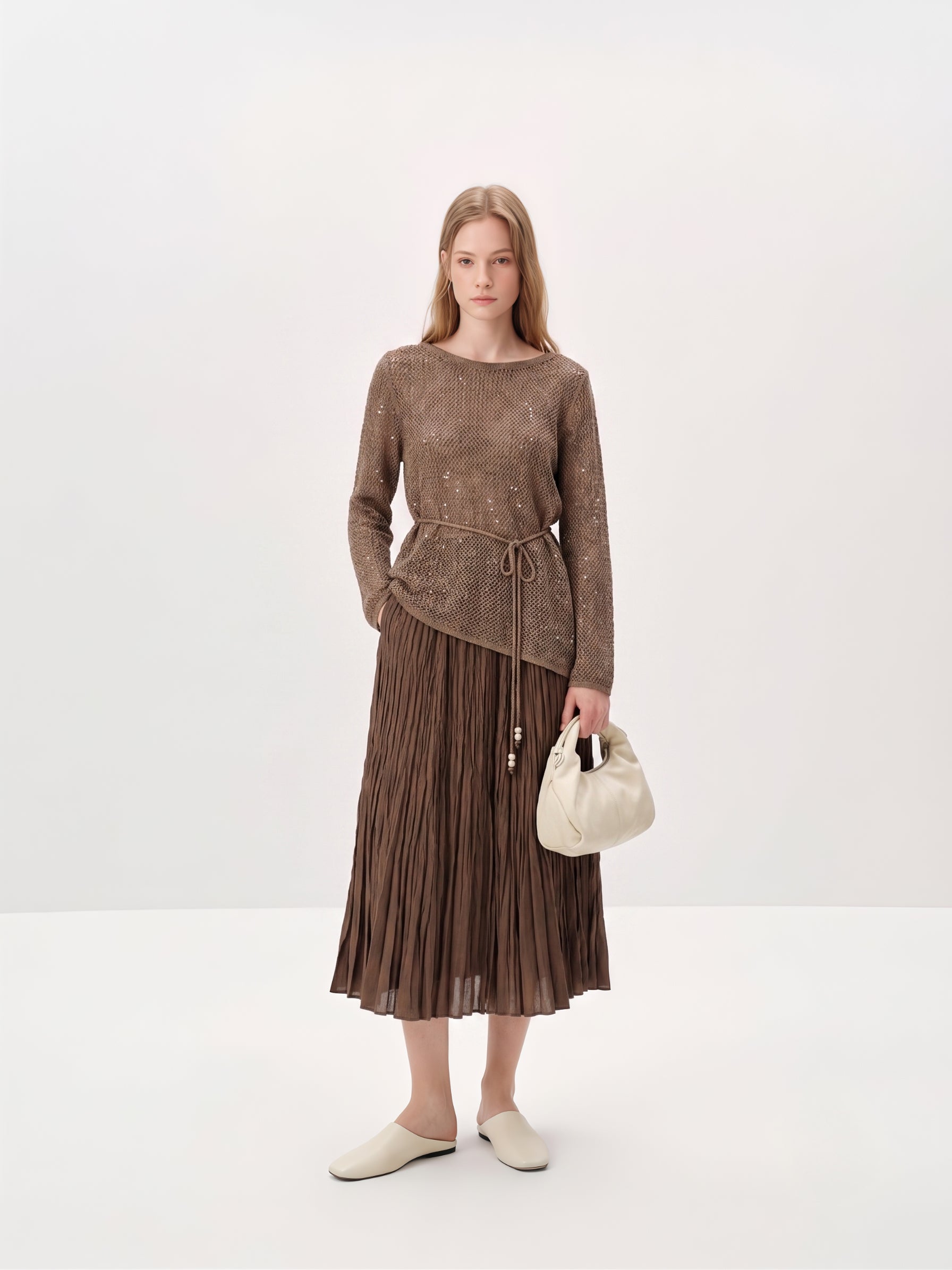 Relaxed Belted Open-Knit Sweater