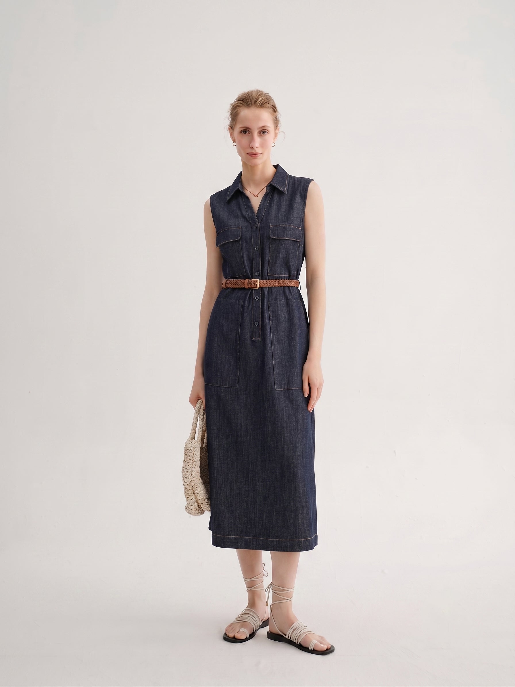 Structured Cotton-Linen Denim Sleeveless Dress