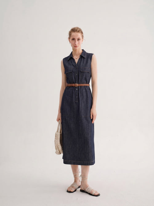 Load image 1 in gallery view. Structured Cotton-Linen Denim Sleeveless Dress