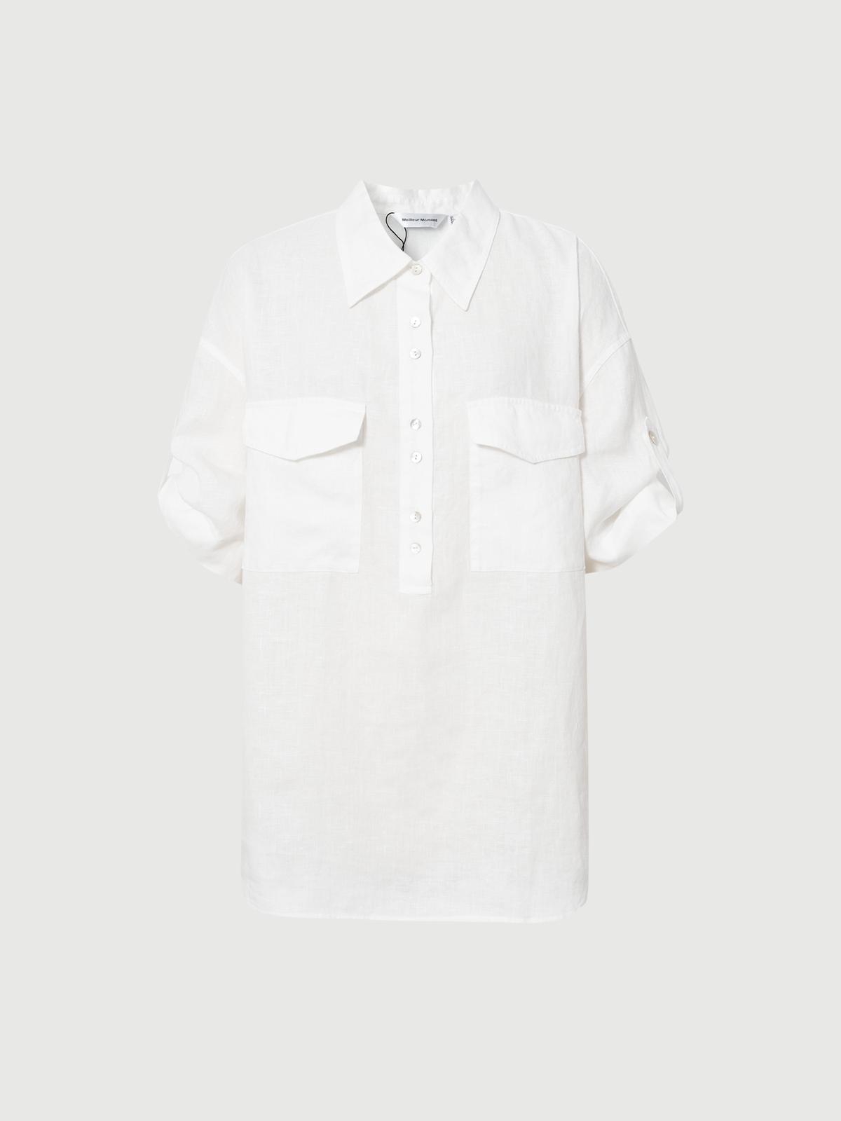 Pure Linen Collared Drop-Shoulder Short Sleeve Top