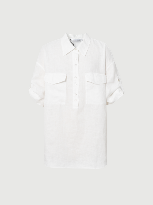 Load image 1 in gallery view. Pure Linen Collared Drop-Shoulder Short Sleeve Top