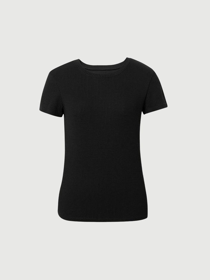 Women's Black Round Neck Short Sleeves Cotton Yoga T-Shirt 5F8100991U