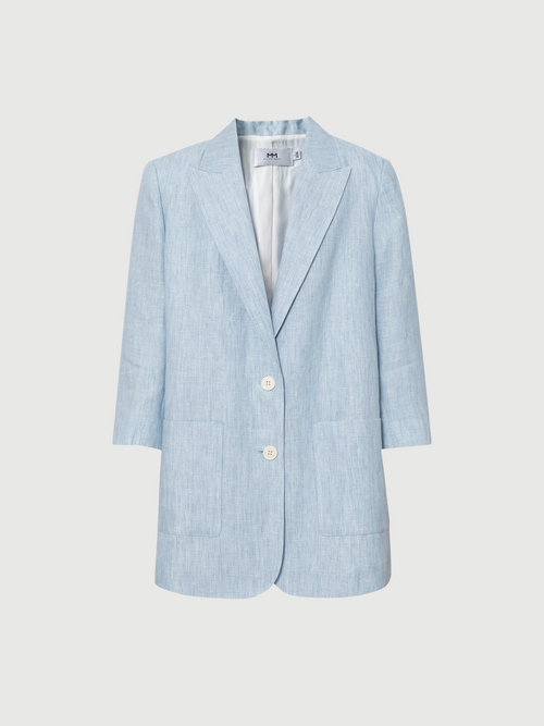Load image 1 in gallery view. Linen V-Neck Structured Shoulder Relaxed Fit Blazer with Three-Quarter Sleeves
