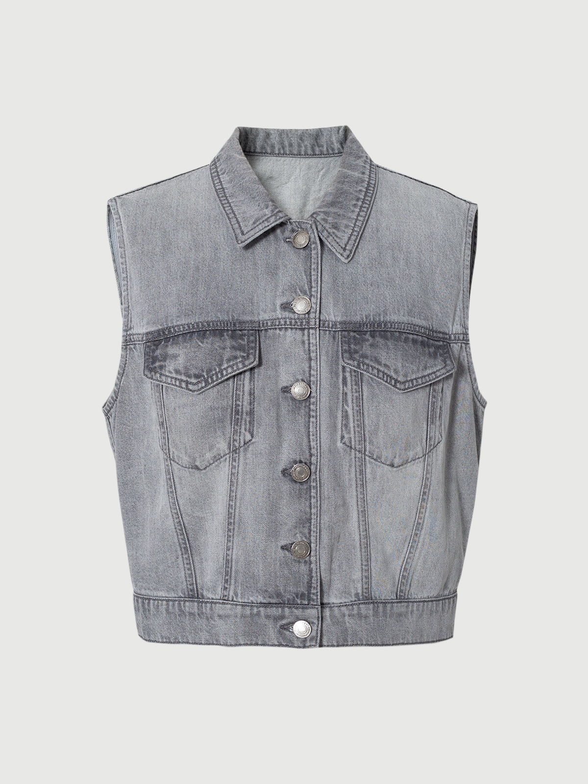Lyocell-Cotton Sleeveless Collared Denim Vest