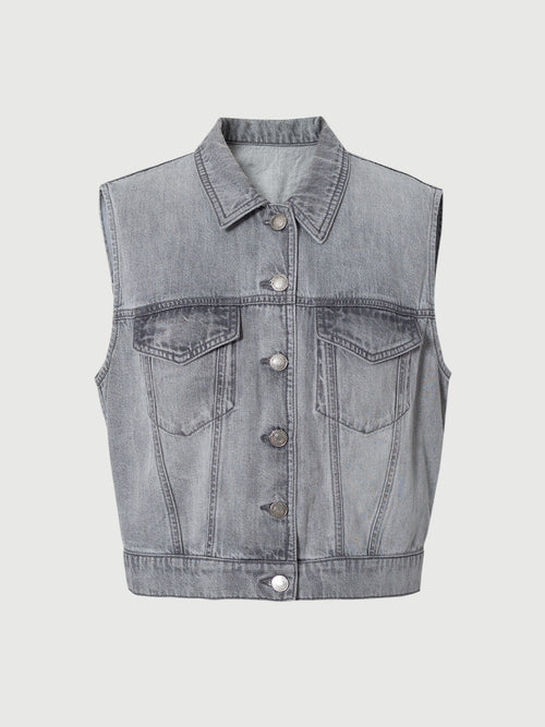 Load image 1 in gallery view. Lyocell-Cotton Sleeveless Collared Denim Vest