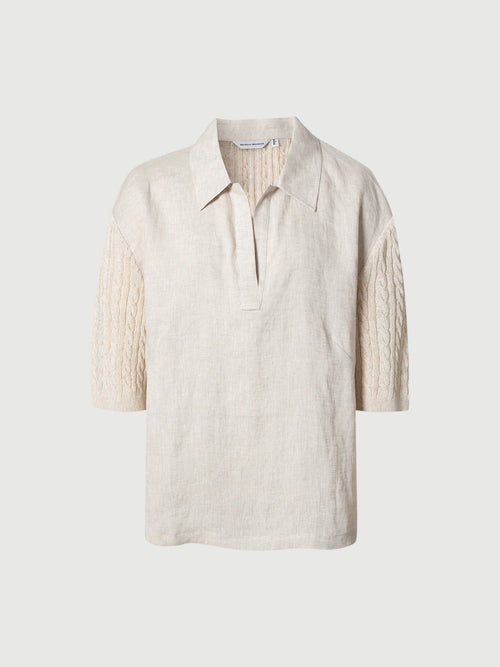 Load image 1 in gallery view. Linen-Blend Collared V-Neck Mid-Sleeve Top