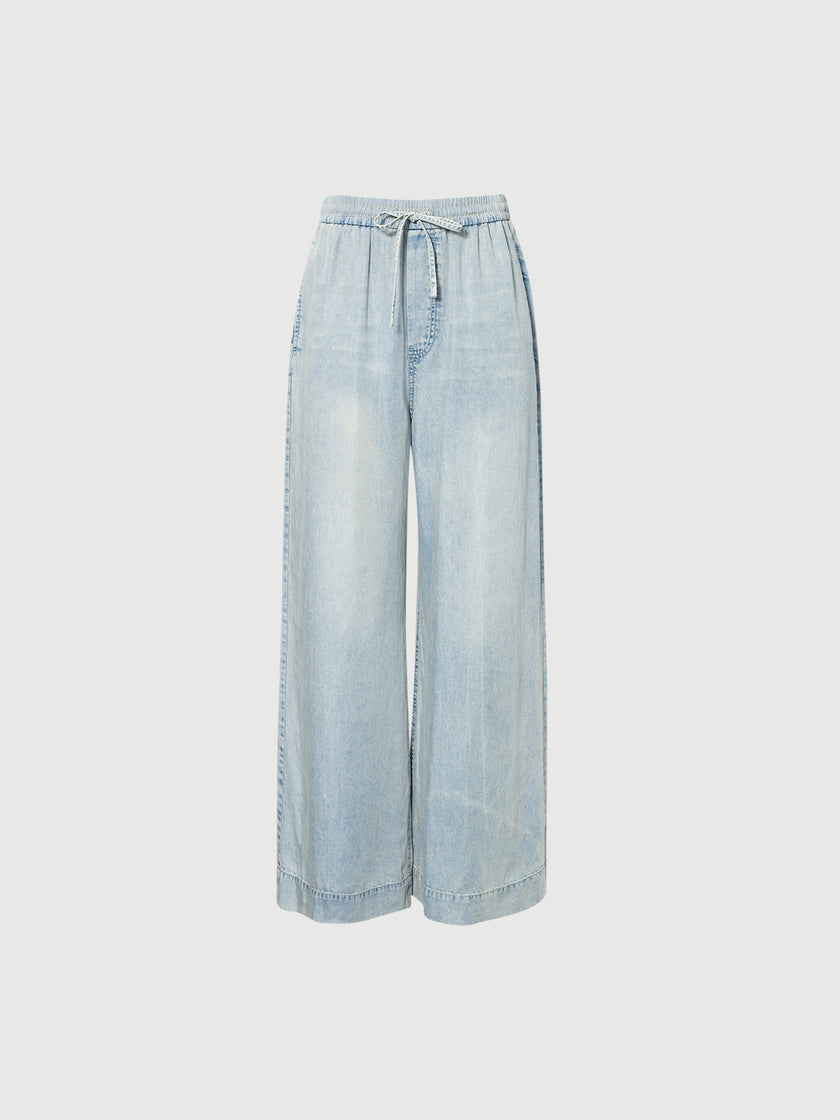 Wide-Leg Lyocell Denim Drawstring  Pants
