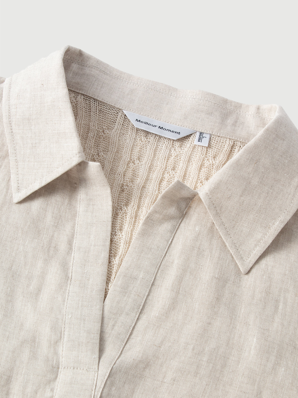 Linen-Blend Collared V-Neck Mid-Sleeve Top