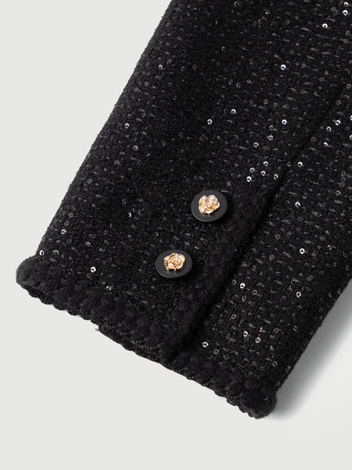Load image 1 in gallery view. Wool-Sequin Blend Lace-Trim Cardigan