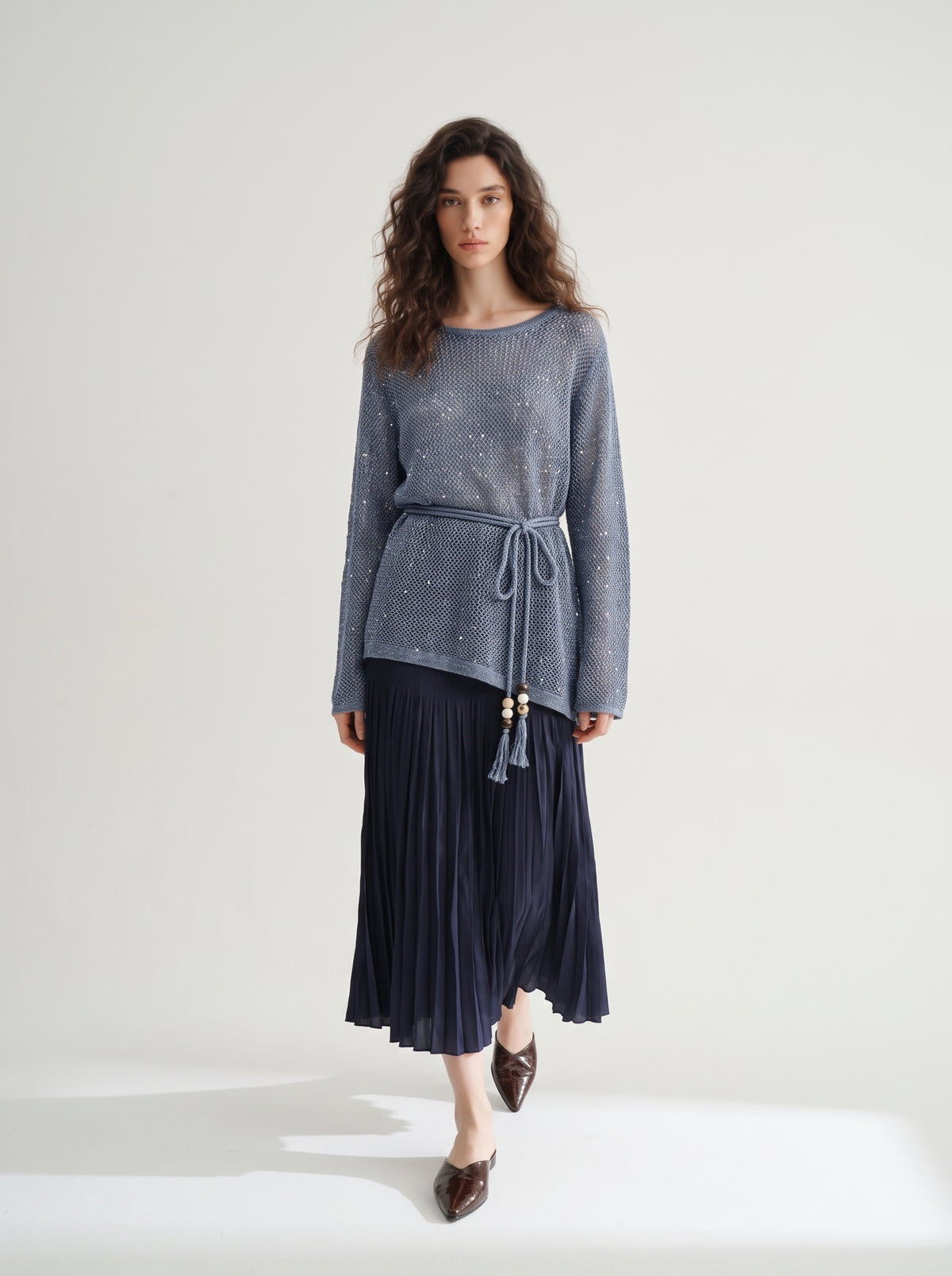 Belted Open-Knit Linen Blend Sweater