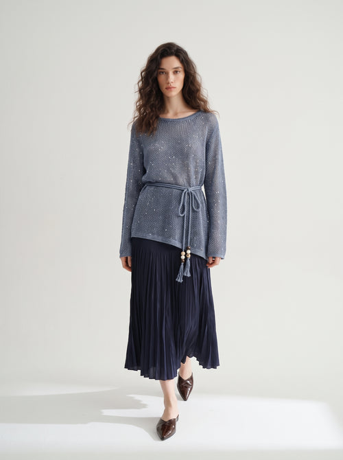 Load image 1 in gallery view. Belted Open-Knit Linen Blend Sweater